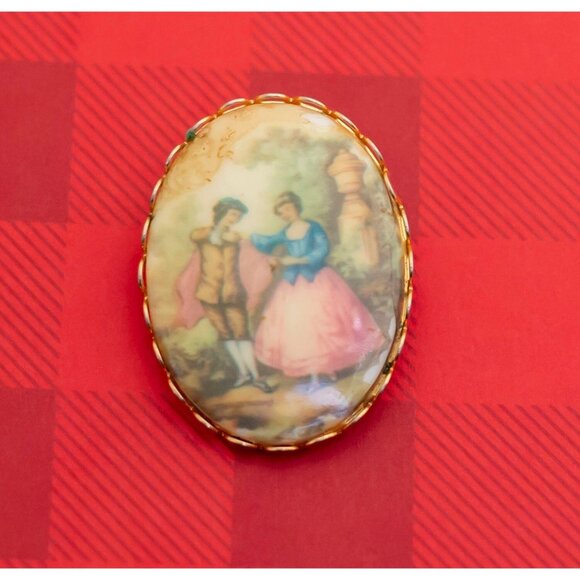 Vintage Victorian Oval Painting Gold Tone Brooch - O13 - Picture 1 of 2